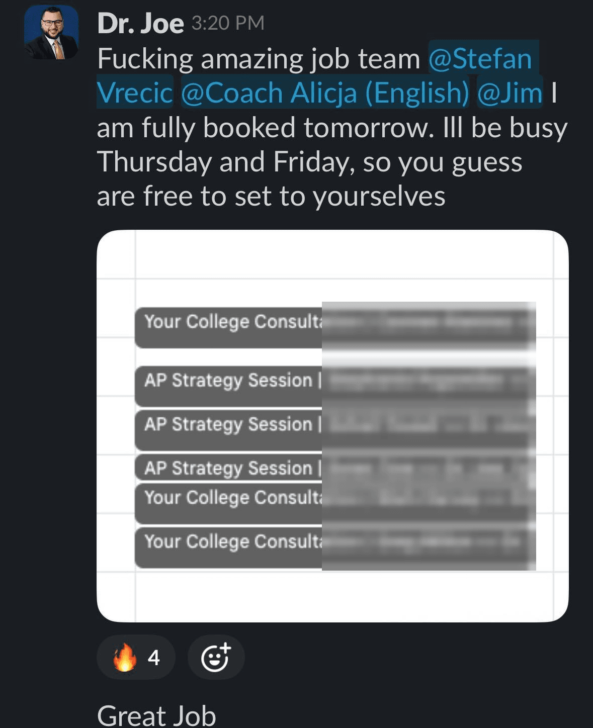 Six sessions booked for one day: “I am fully booked tomorrow” (prospect names blurred)