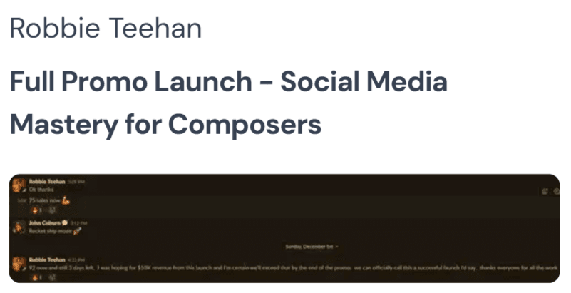 92+ sales — the Social Media Mastery for Composers launch beat its $15K target