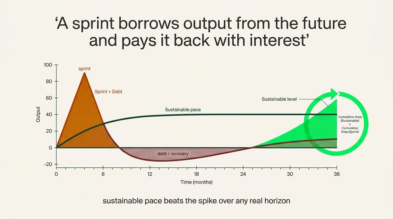 A sprint raises output temporarily, then borrows from recovery and future capacity.