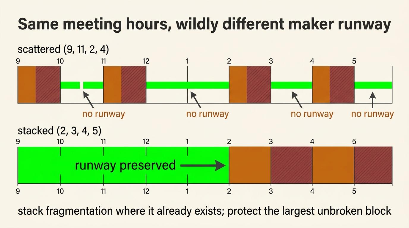 The same meeting hours preserve more uninterrupted maker time when stacked together.