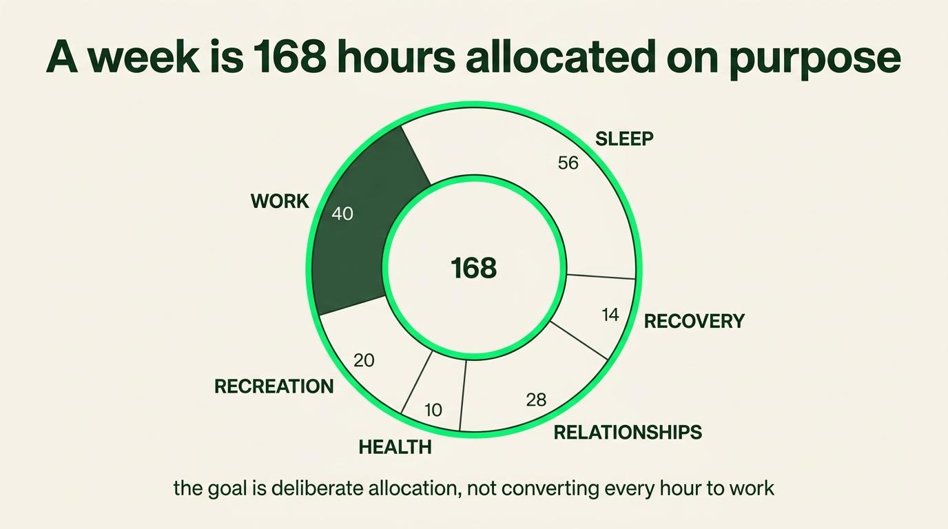 A week contains 168 hours allocated among sleep, recovery, work, health and relationships.