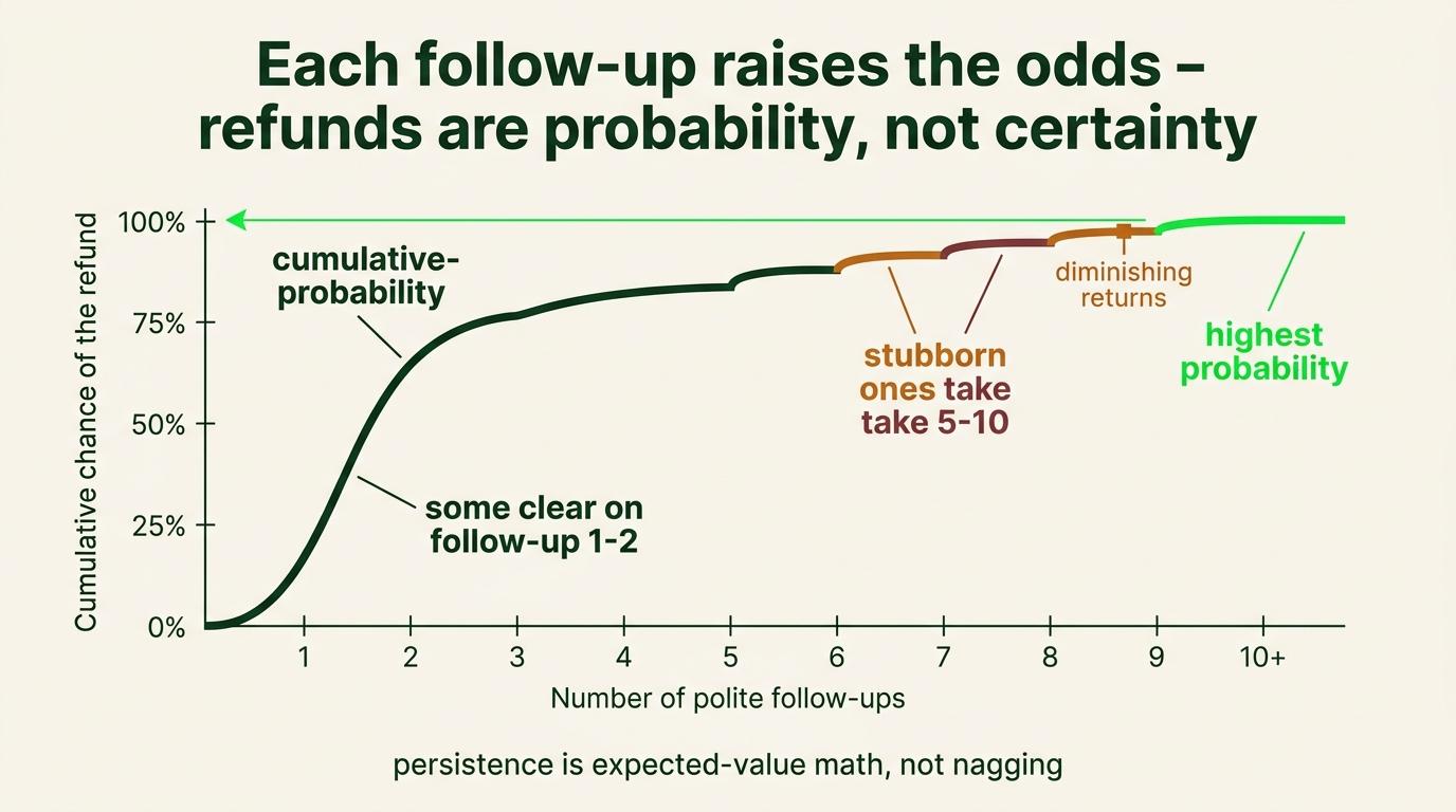 Follow-up can improve refund odds, but outcomes remain probabilistic rather than guaranteed.