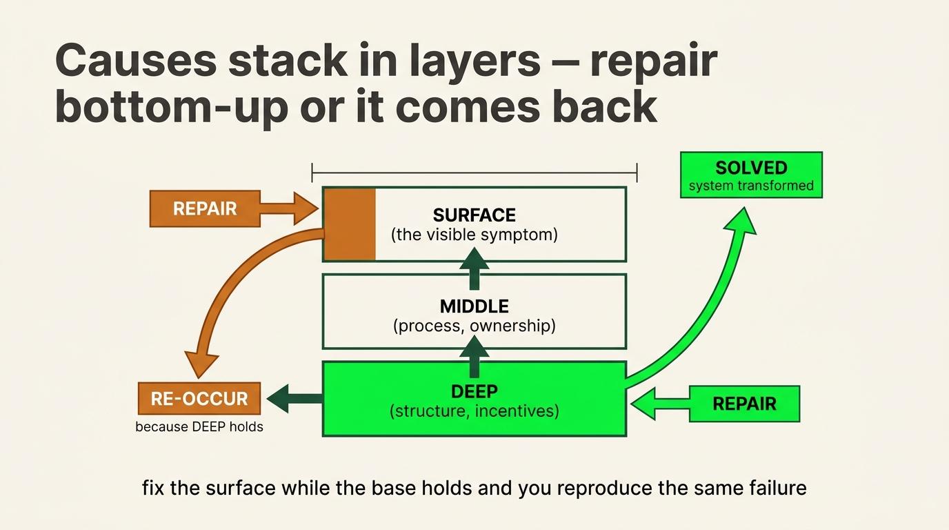 Repair causes from deep incentives through process to surface symptoms; surface-only repairs recur.