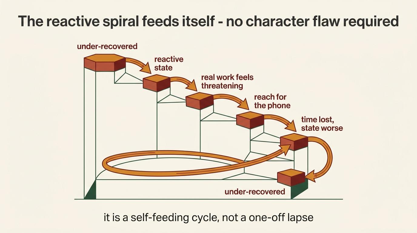 Under-recovery increases reactive behavior, worsening recovery in a self-reinforcing spiral.