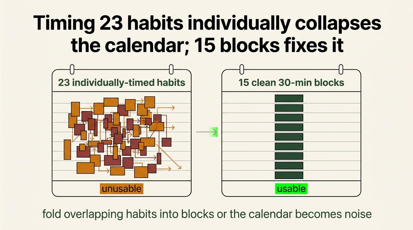 Group 23 individually timed habits into 15 blocks to avoid an overlapping, unusable calendar.