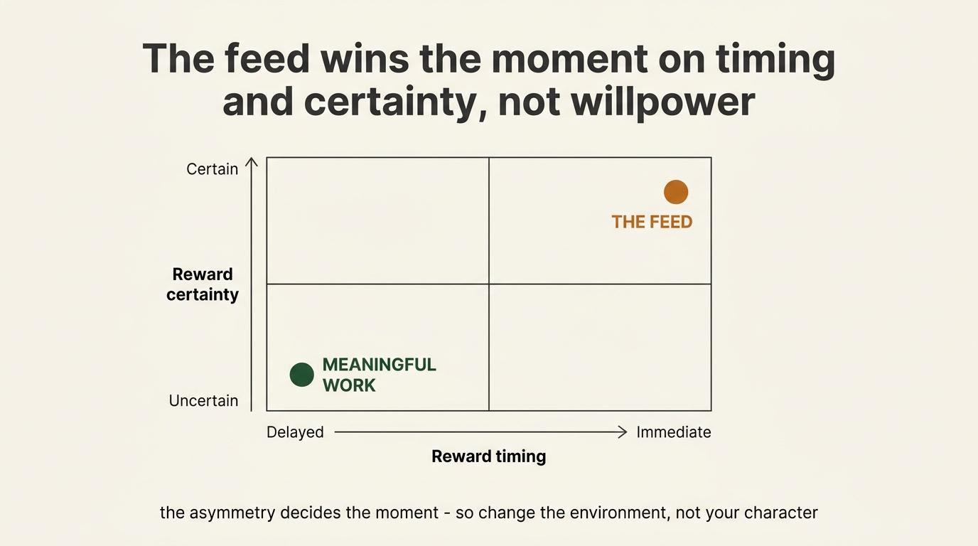 Immediate, certain rewards compete against meaningful work whose reward is delayed and uncertain.