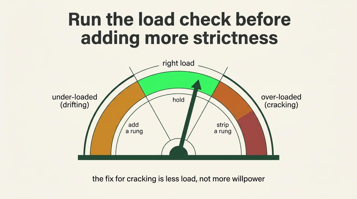 Check underload, fit and overload before adding stricter controls; reduce excessive load rather than punishment.