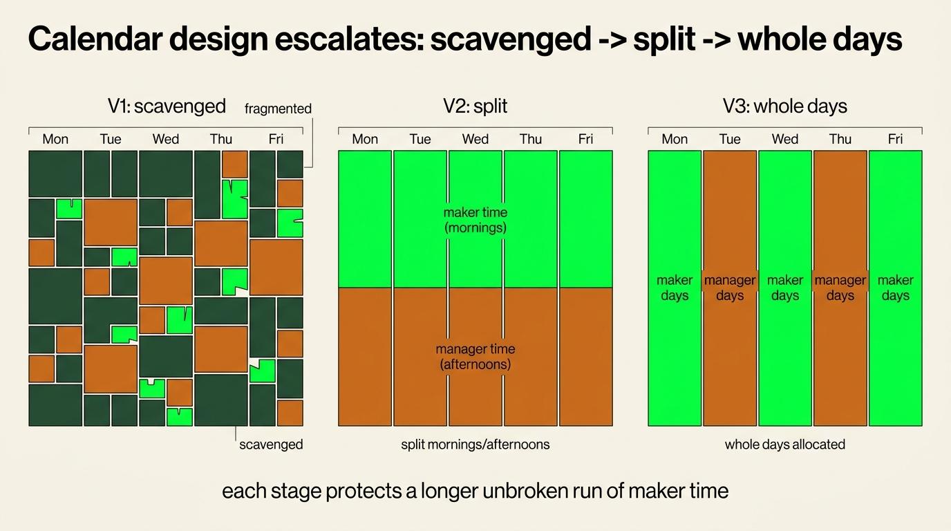 Calendar design progresses from scavenged fragments to split blocks to protected whole days.